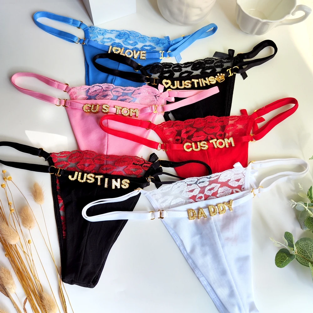 Personalized Name Thongs Lips Embroidery Thong Panties for Women Sexy Lingerie Underwear with Rhinestone Letters Dropshipping