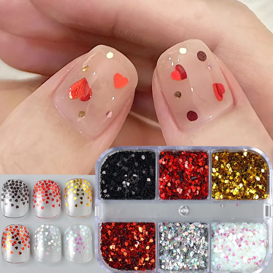 6 กริด Y2K น่ารักหัวใจ Glitter เล็บ Kawaii Mini Golden เลเซอร์ Silvery Love เล็บ Flake เกาหลี Star DIY เล็บ Charm อุปกรณ์