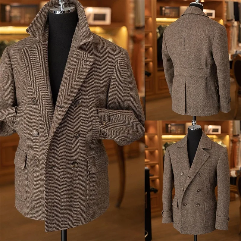 Herringbone Khaki Mantel Pria Tebal Hangat Formal Ganda Breasted Mantel Pendek Musim Dingin Inggris Dibuat Sesuai Pesanan Pria Jaket Kingcoat