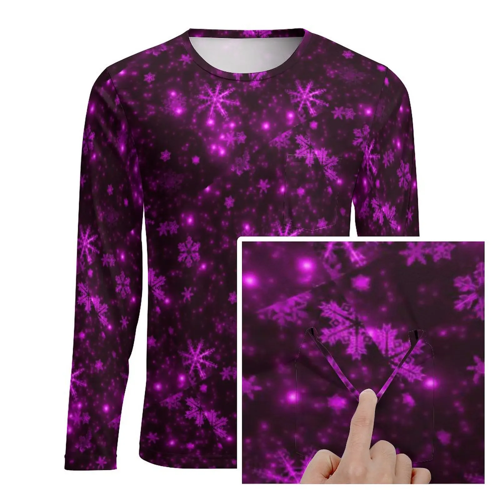 Snowflake Print T-Shirt Men Deep Purple Streetwear T-Shirts Daily Fashion Tee Shirt Long Sleeve Pattern Plus Size Tops