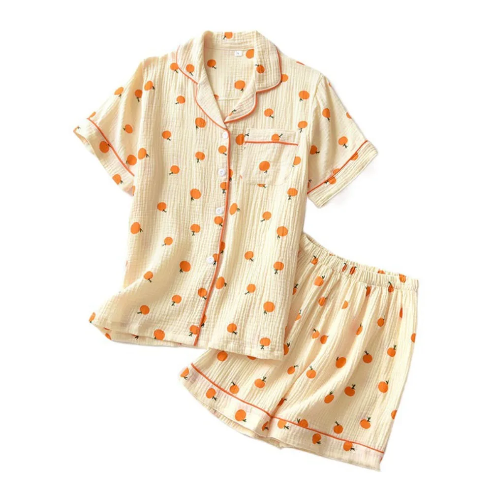 

Comfortable V-neck Fruits Pajamas Suit Sweet Homewear Two Piece Nightwear Loose Short-sleeves Orange Nightdress Set Girl