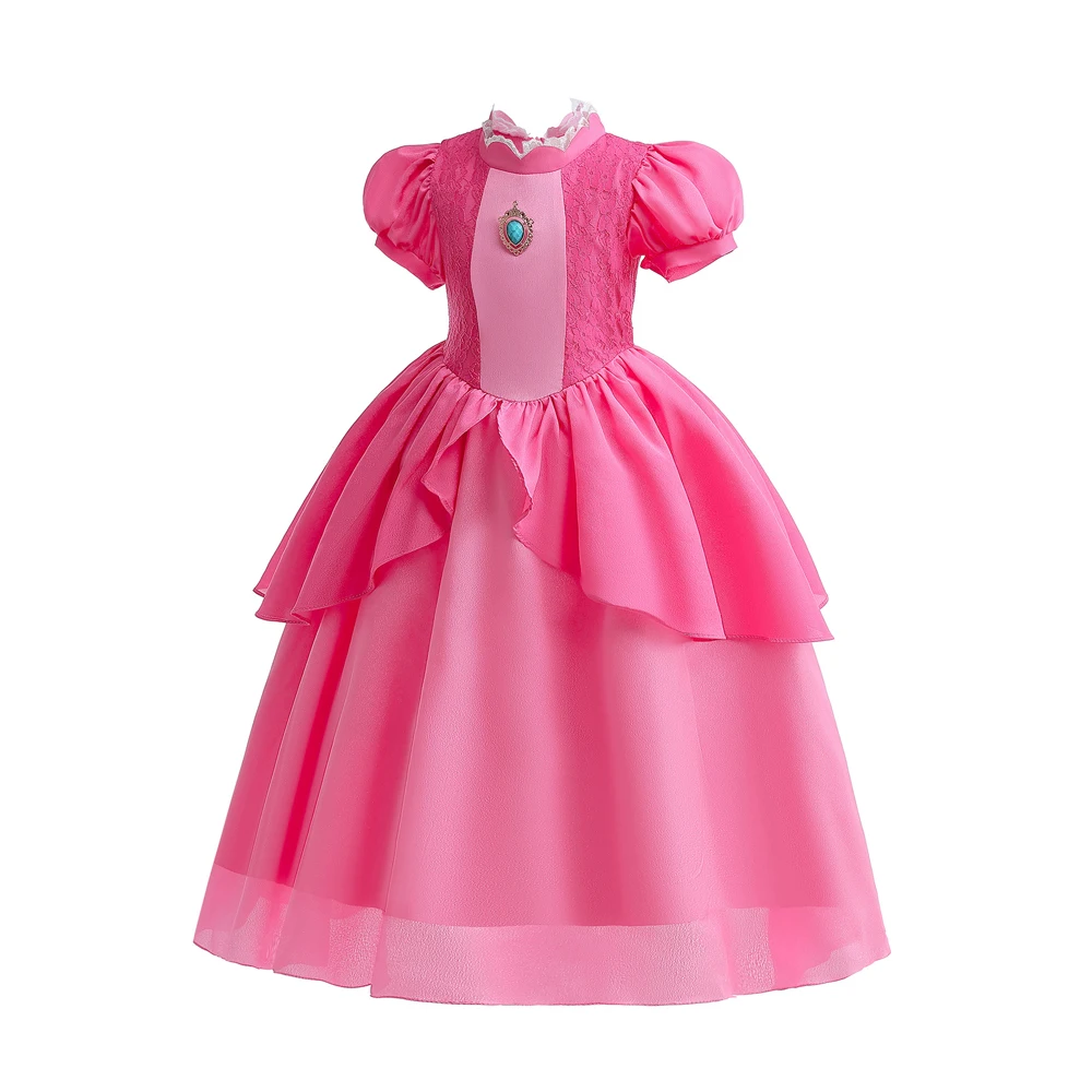 Costume d'Halloween pour Bol, Robe Rose Pêche Princesse Cosplay, Tenue avec Perruque et Couronne, Vêtements de Carnaval pour Enfants