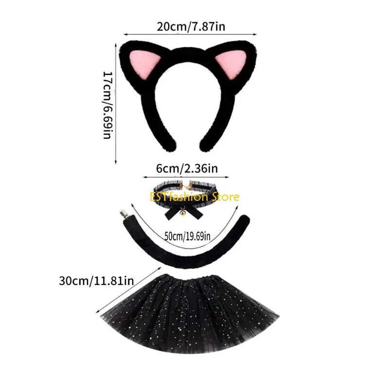 Y5GC Katzen Kostüme Set Katzen Ohren Stirnbänder Schwanz Glocken Halsband Tutu Rock Tier Cosplay Kostüme für Halloween Party