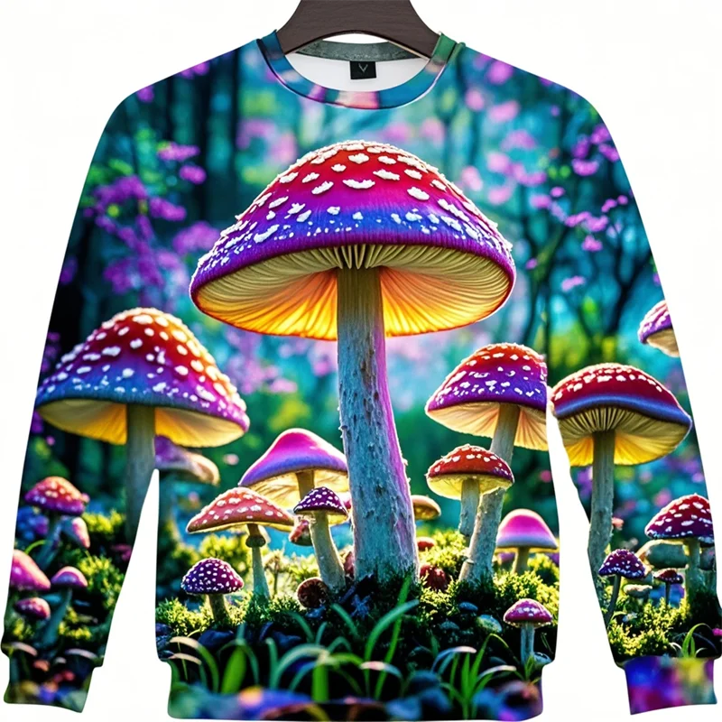 Psychedelic Mushrooms 3D Printing Sweatshirts Colorful Mushrooms Graphic Round Neck Hoodies Vintage Menc Clothing Sweatshirt Top