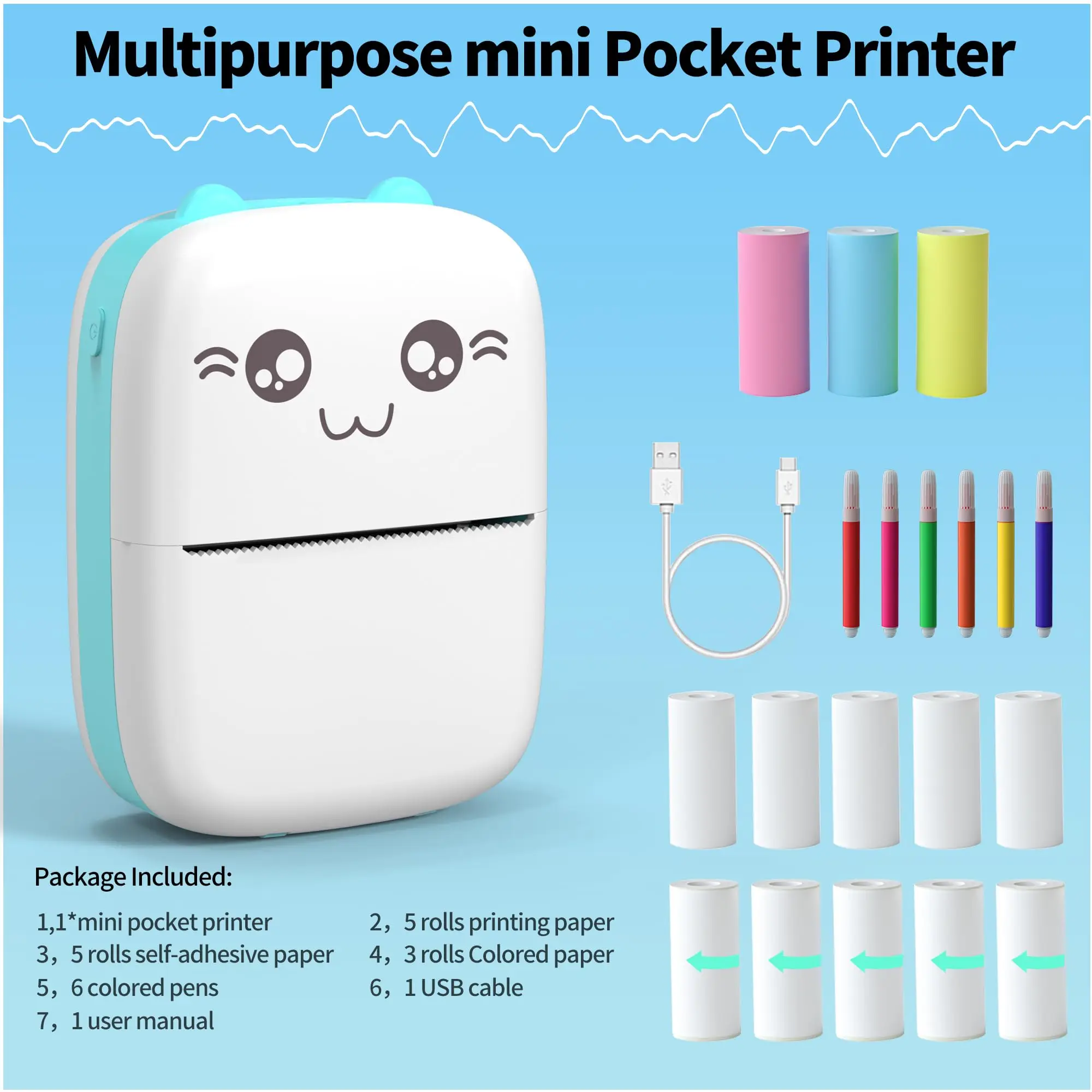 Mini impresora de bolsillo, impresora de pegatinas sin tinta, 13 rollos de papel caliente, aplicación para iOS y Android