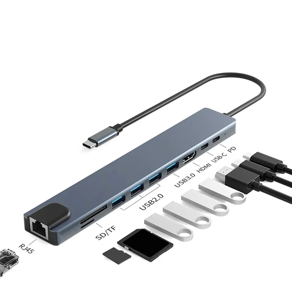 10 in 1 USB C HUB 4K30Hz Docking Station Type C to HDTV-Compatible RJ45 Ethernet PD100W for MacBook iPad Huawei Sumsang Phone