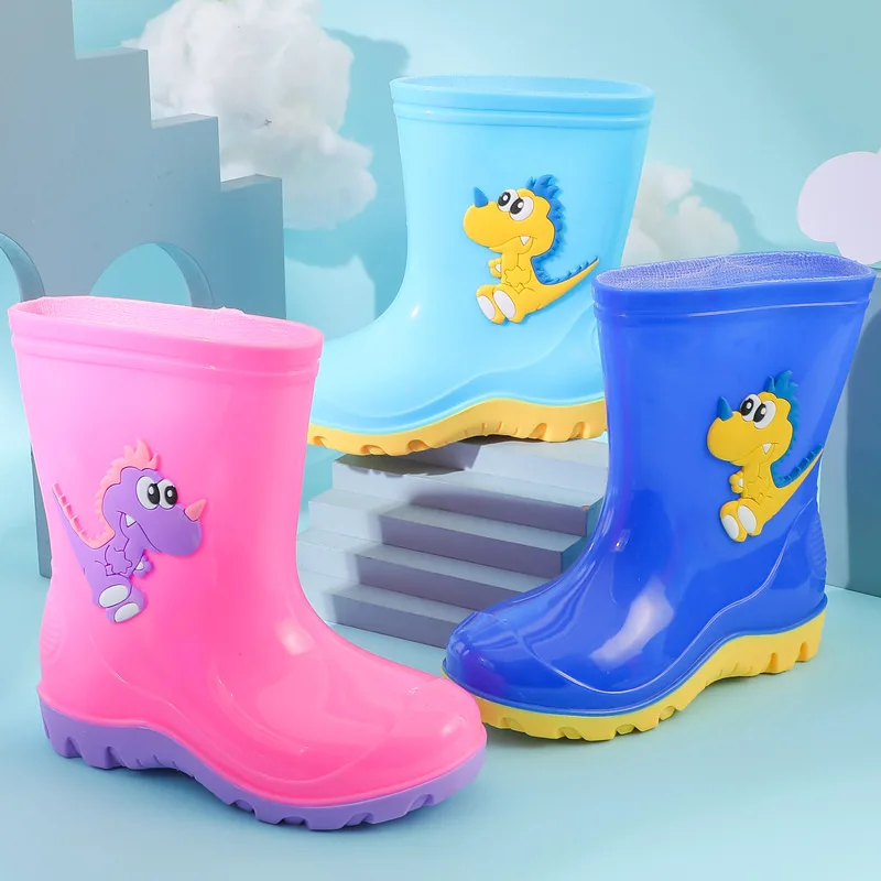 New Children Rain Boots Girls Cute Dinosaur Students Water Shoes Boys Waterproof Anti Slip Rubber Boots Cotton Warm Infant Boots