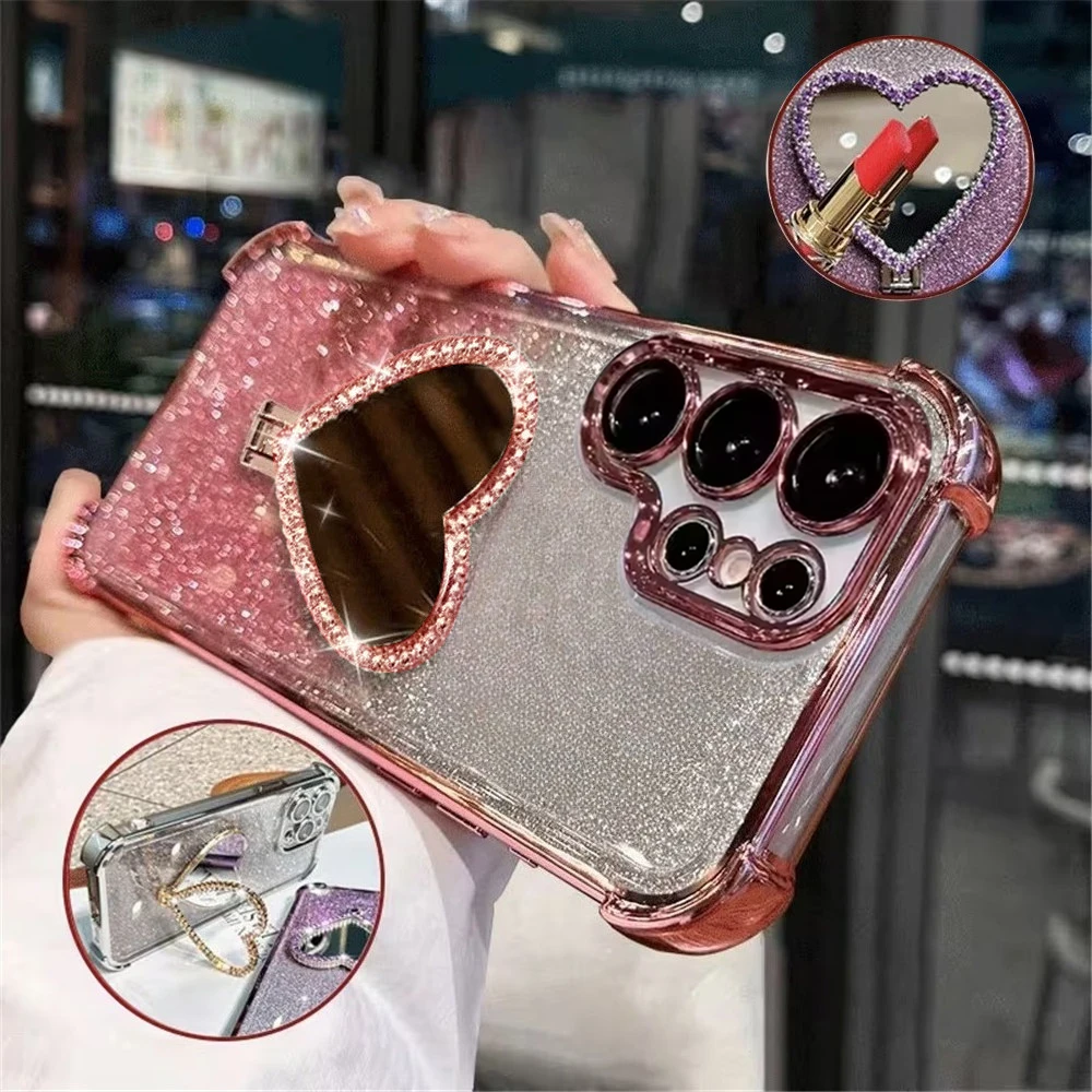 Glitzer-Herz-Spiegelhalter-Handyhülle für Samsung S26 S25 S24 S23 S22 S21 Plus FE Ultra Edge Stoßfeste Silikonhülle