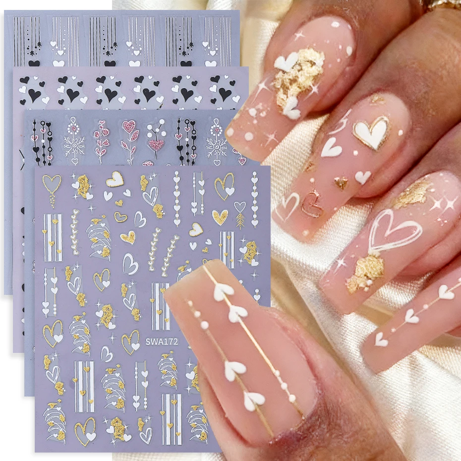 4 قطعة ملصقات أظافر عيد الحب أسود أبيض الحب القلب خطوط روز تصميم لاصق مسمار الشارات DIY بها بنفسك سباركلي مانيكير ديكور المتزلجون #1