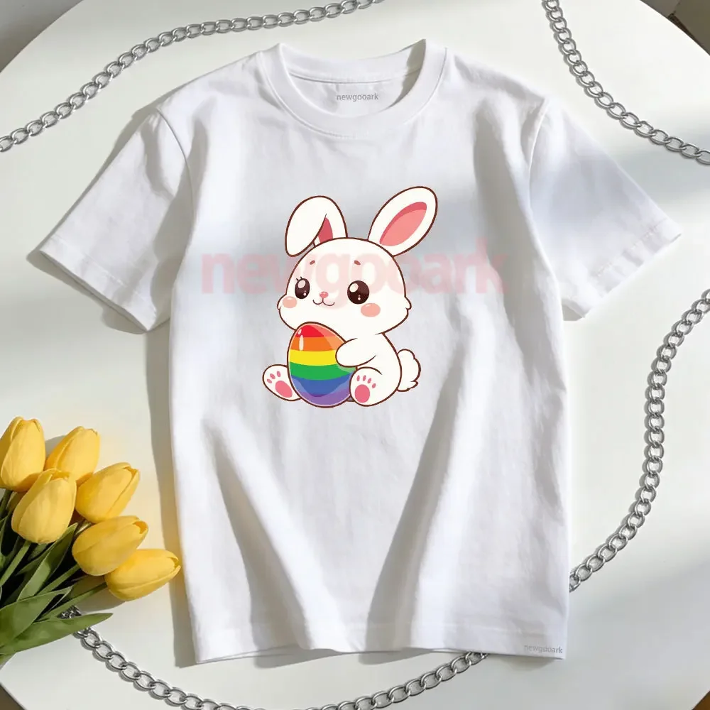 Cute Little Rabbit Eggs Easter Rebirth and Joy T-shirt Woman Man Casual Cotton Graphic T Shirts Creative Streetwear Camisetas