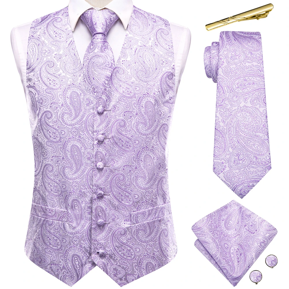 

Wedding Light Purple Silk Men Vest Paisley Jacquard Sleeveless Waistcoat Clips Necktie Hanky Cufflinks Set Business Party Hi-Tie