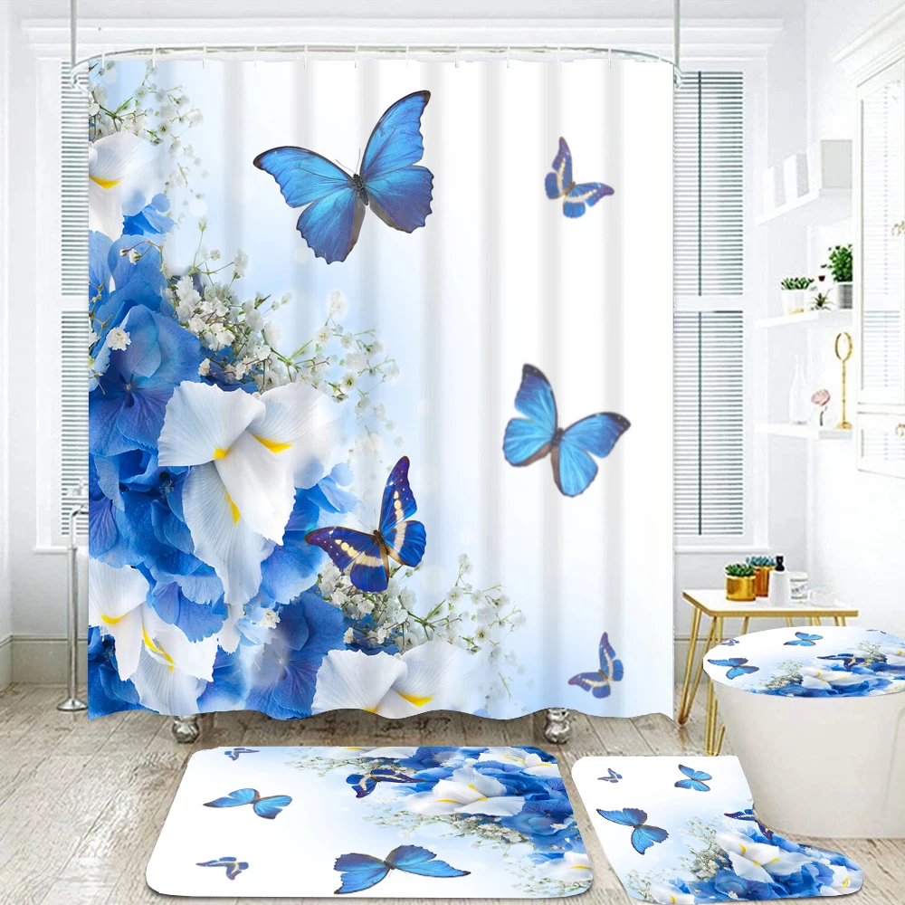 Waterproof Bathroom Shower Curtain Beautiful Blue Flower Butterfly Bath Curtain Sets Toilet Cover Non-Slip Mat Rug Carpet Decor