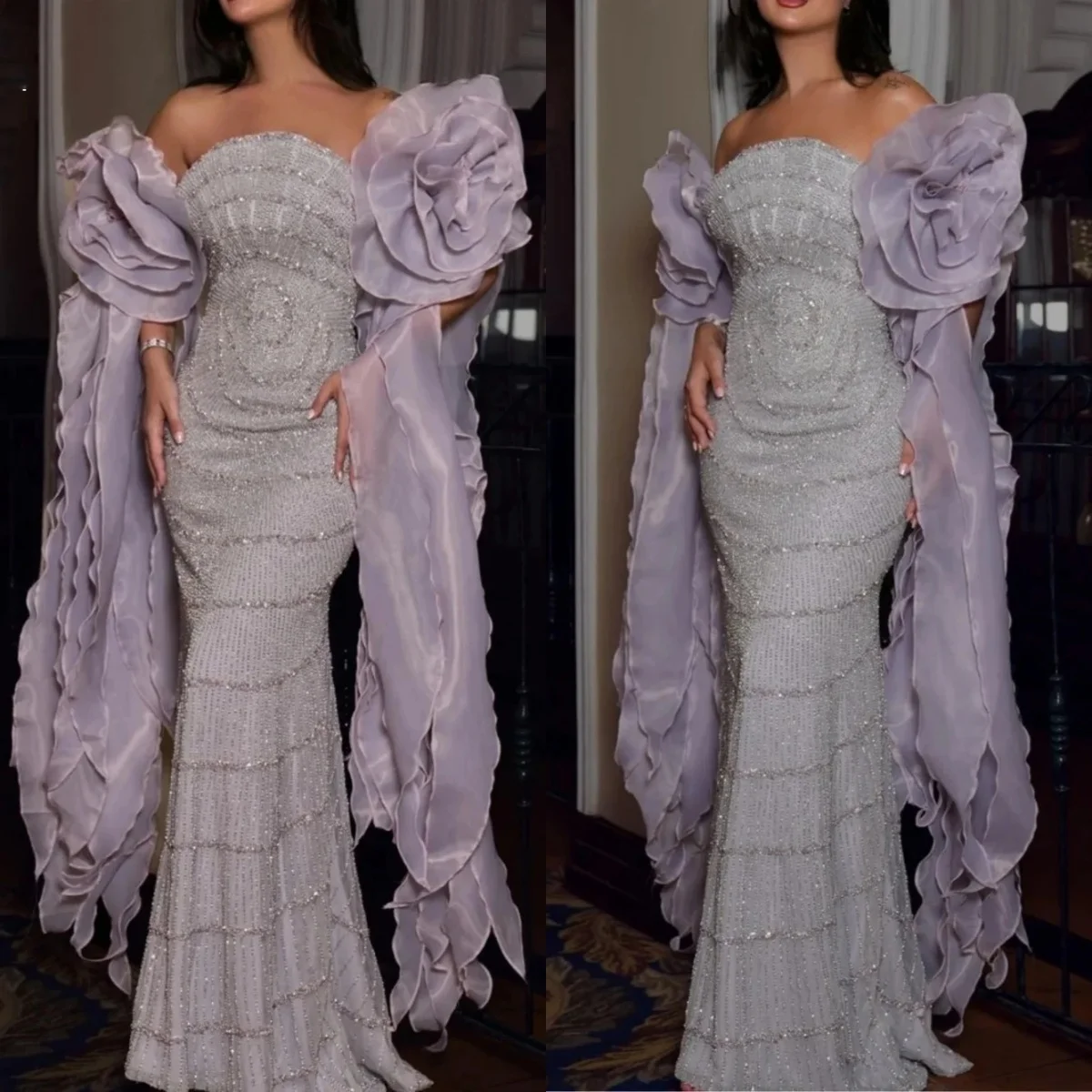 ชุดราตรีเกาะอกเซ็กซี่ประดับคริสตัลวิบวับ ชุดราตรีปักเลื่อม ชุดค็อกเทลแขนลายดอกไม้สั่งทำพิเศษ