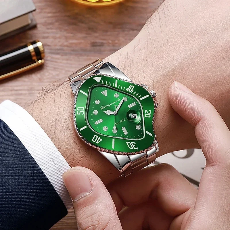 Watch for Men Unusual Conceptual Reloj Crash Melting Twist Shaped Case Quartz Wristwatch Male Man Rhombic Green Clock