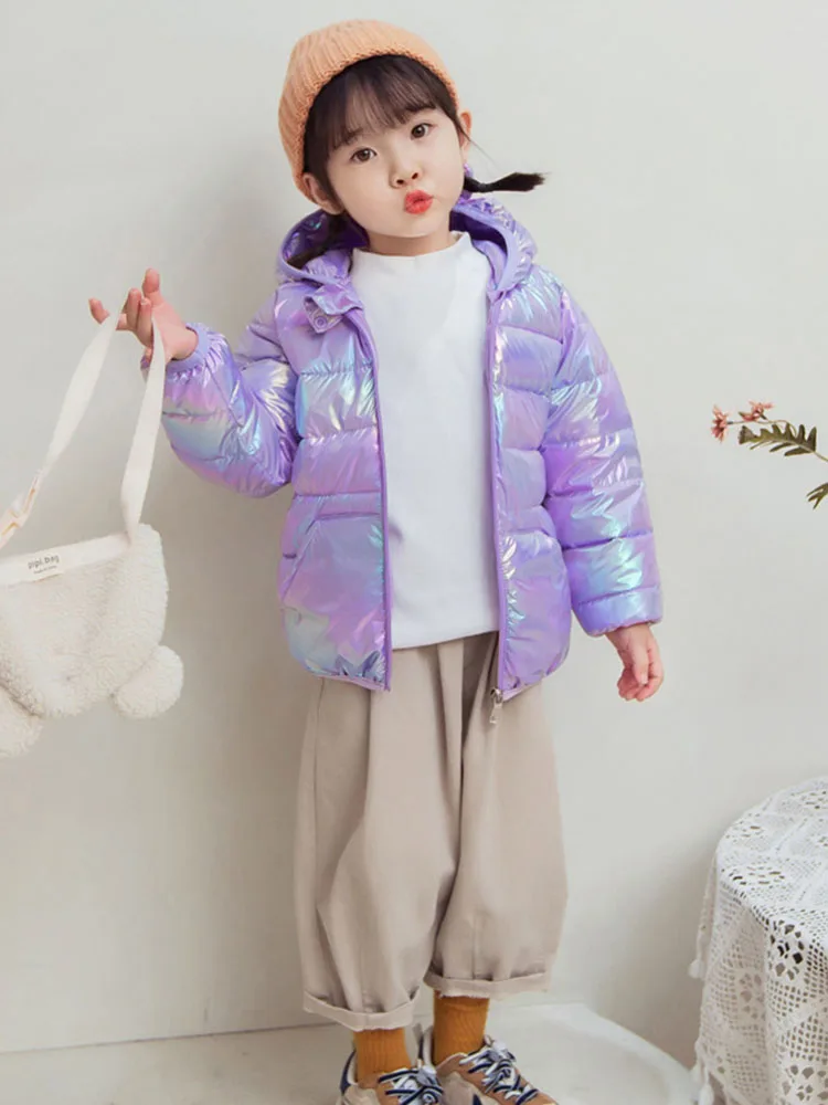 Smooth Surface Fabric Hooded Lightweight Down Jackets Winter Girls Boys Baby Purple Outerwear Kids Autumn Coats Casual Clothing