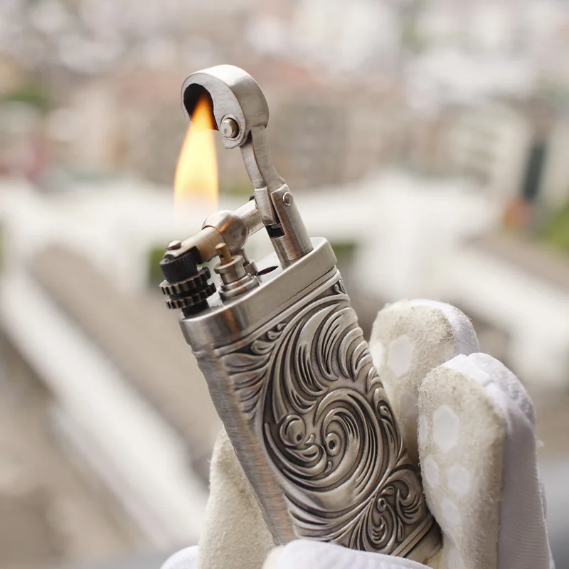 

Monsoon Cigar Lighter, Embossed Retro Lighter Windproof Yellow Flame Cigarette Lighter Pipe Press Rod Gift Box