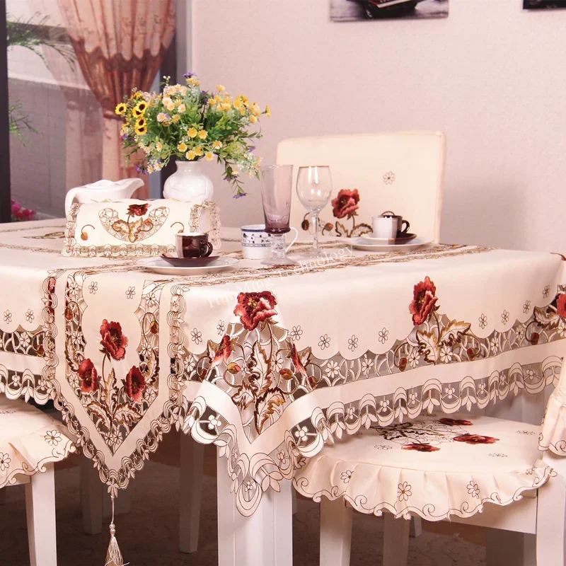 Table cloth Cream Dining Table Cover TableCloth Europe Luxury Embroidered Wedding Flower Chair Cover Dust Cover Table Decoration