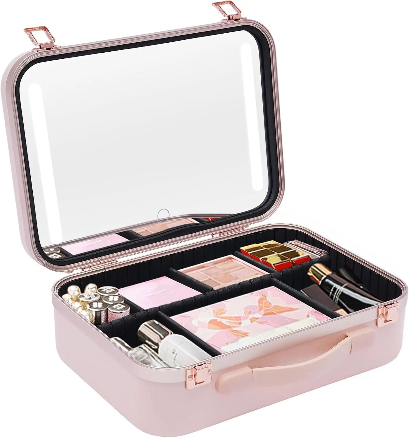 13.4 Inch Travel Makeup Case with Large Lighted Mirror Partitionable Cosmetic Bag Waterproof Portable Cosmetic Organizer (Pink)