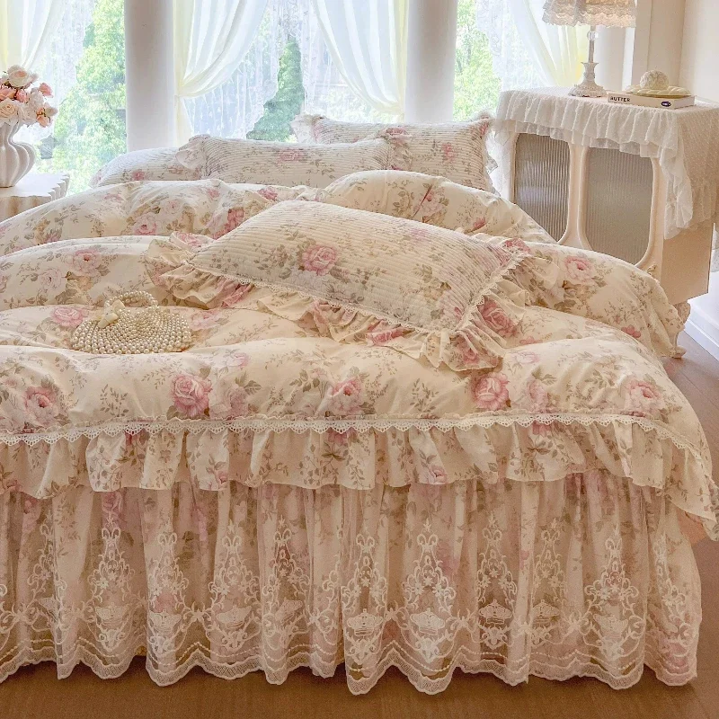 French romantic floral pure cotton bed skirt four-piece cotton retro princess style lace quilt cover cotton sheet