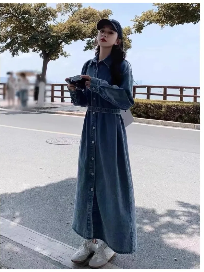 2026 Autumn New Style Retro Temperament Long Sleeve Denim Dress, Loose Single-breasted Casual Shirt Type Long Dress for Women