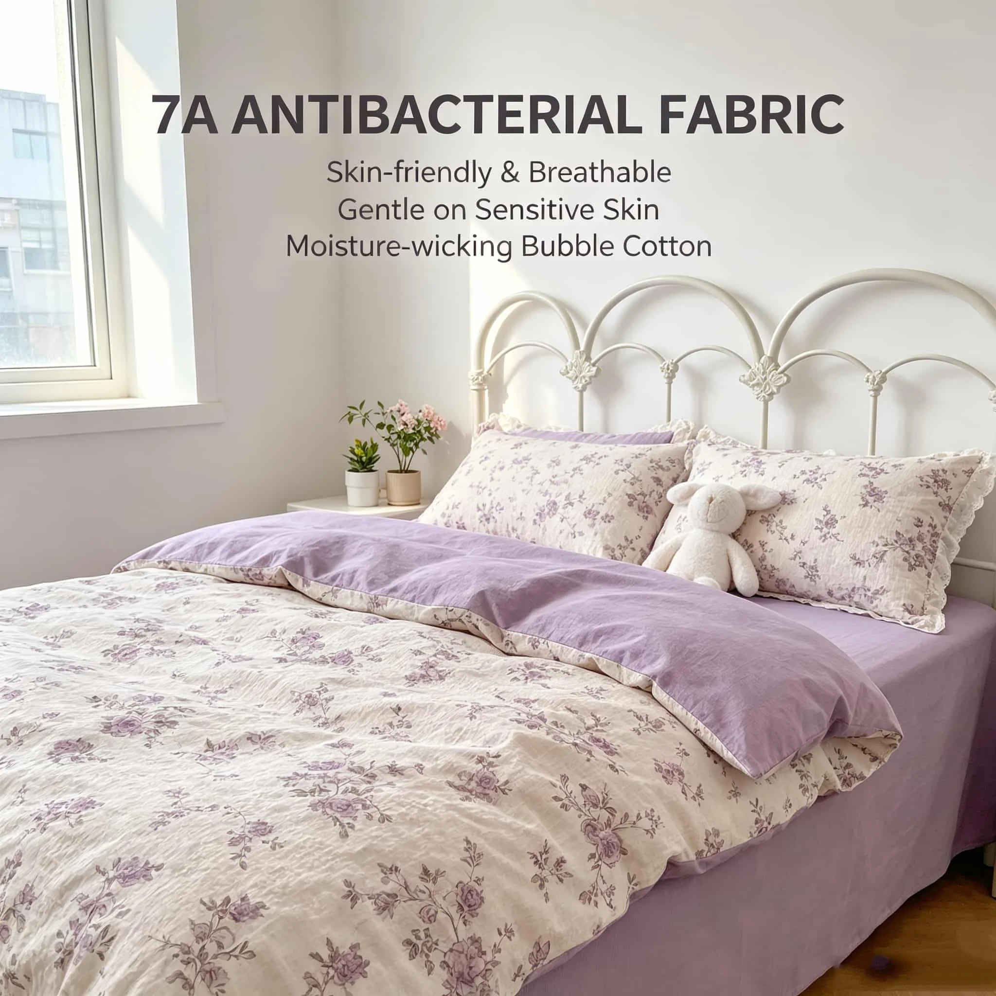 Lace Floral Purple Bedding Set, Soft Wrinkled Duvet Cover, Cute Cottagecore Bedding Sets and Components, Romantic Comforter Sets