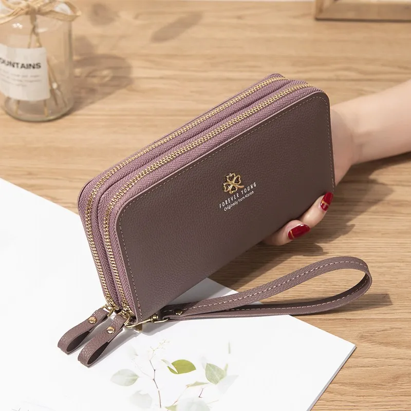 New Long Wallet Double Zipper Mobile Phone Bag Students Lychee Pattern Wallet Large Capacity Clutch Bag Coin Purse