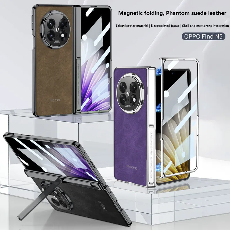 

Electroplated Matte Leather Case For OPPO Find N5 FindN5 Magnetic Folding Hinge Bracket with Tempered Film Shockproof Hard Cover