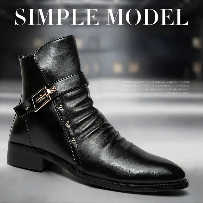 Autumn Winter Elegant Chelsea Boots Leather Men Ankle Shoes Slip-on Dress Formal Boot for Man Pointed Toe Knight botas masculino