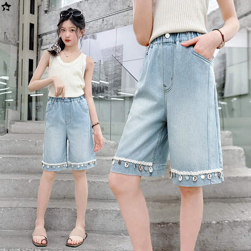 

Kids Summer Casual Bohemian Denim Shorts With Sequins for Teenage Girls Loose Straight Knee Length Jeans Capris Child 5- 14 Y