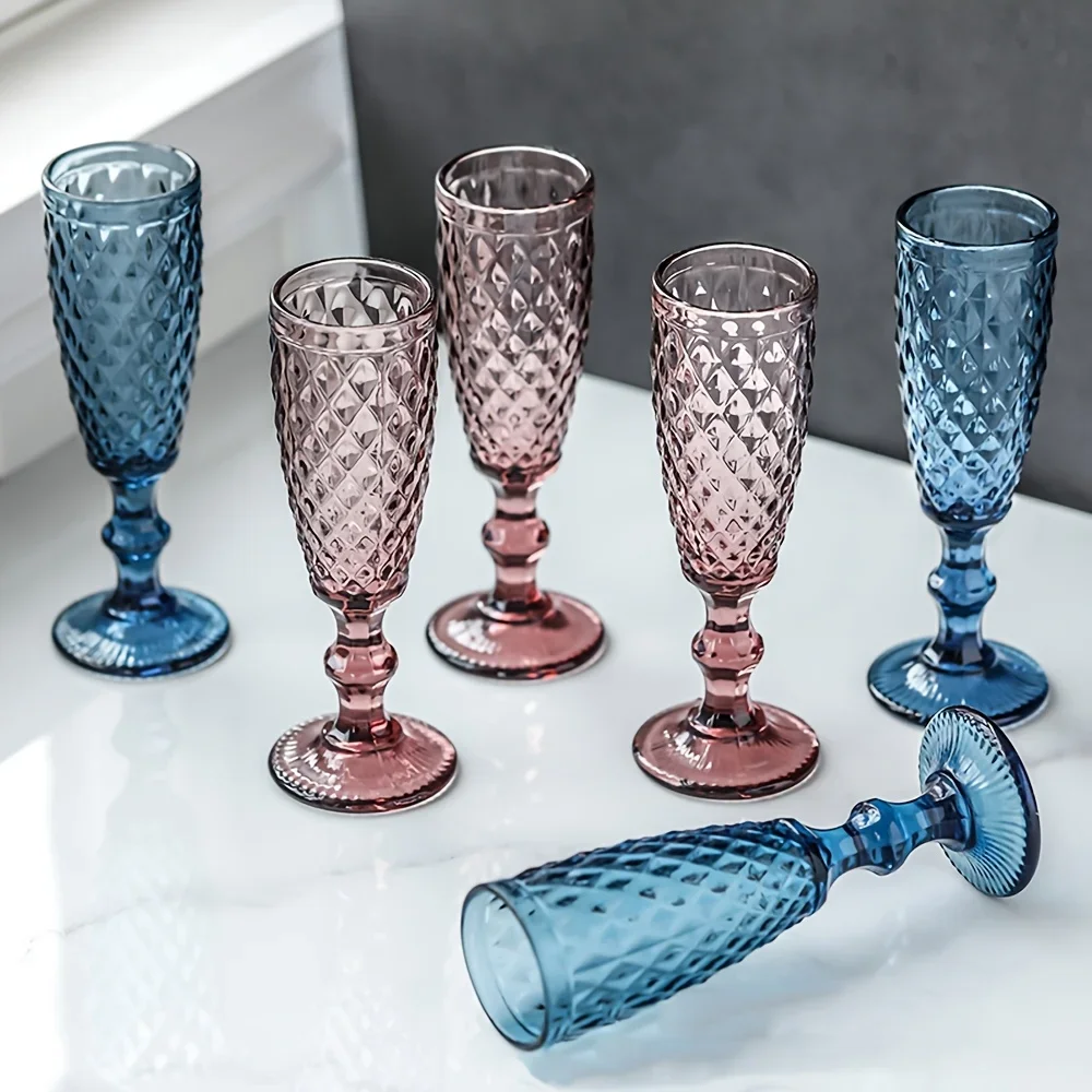 150ml 5oz Glass Mugs  Household Vintage Embossed Heavy Thick Glassware Colored Cups Colored Champagne Flute Glasses  Goblet Cups