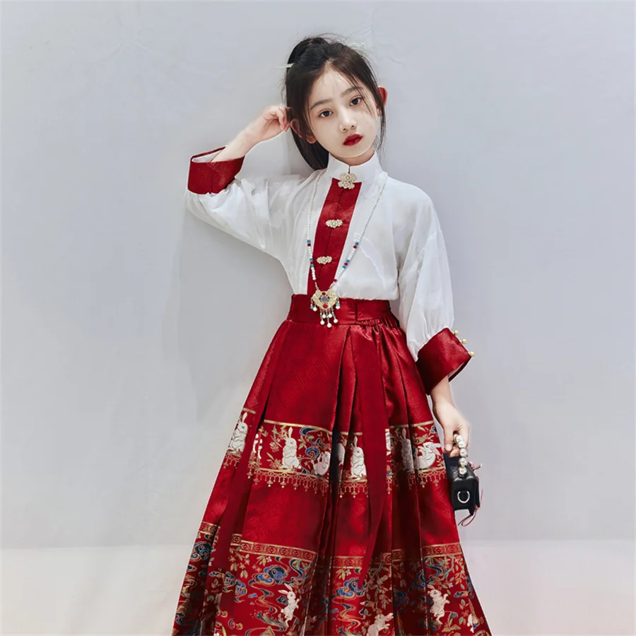 2024 Nieuwe Zomer Chinese Hanfu Jurk Voor Meisjes Traditionele Borduurwerk Paard-Gezicht Rok Voor Kinderen Prinses Hanbok