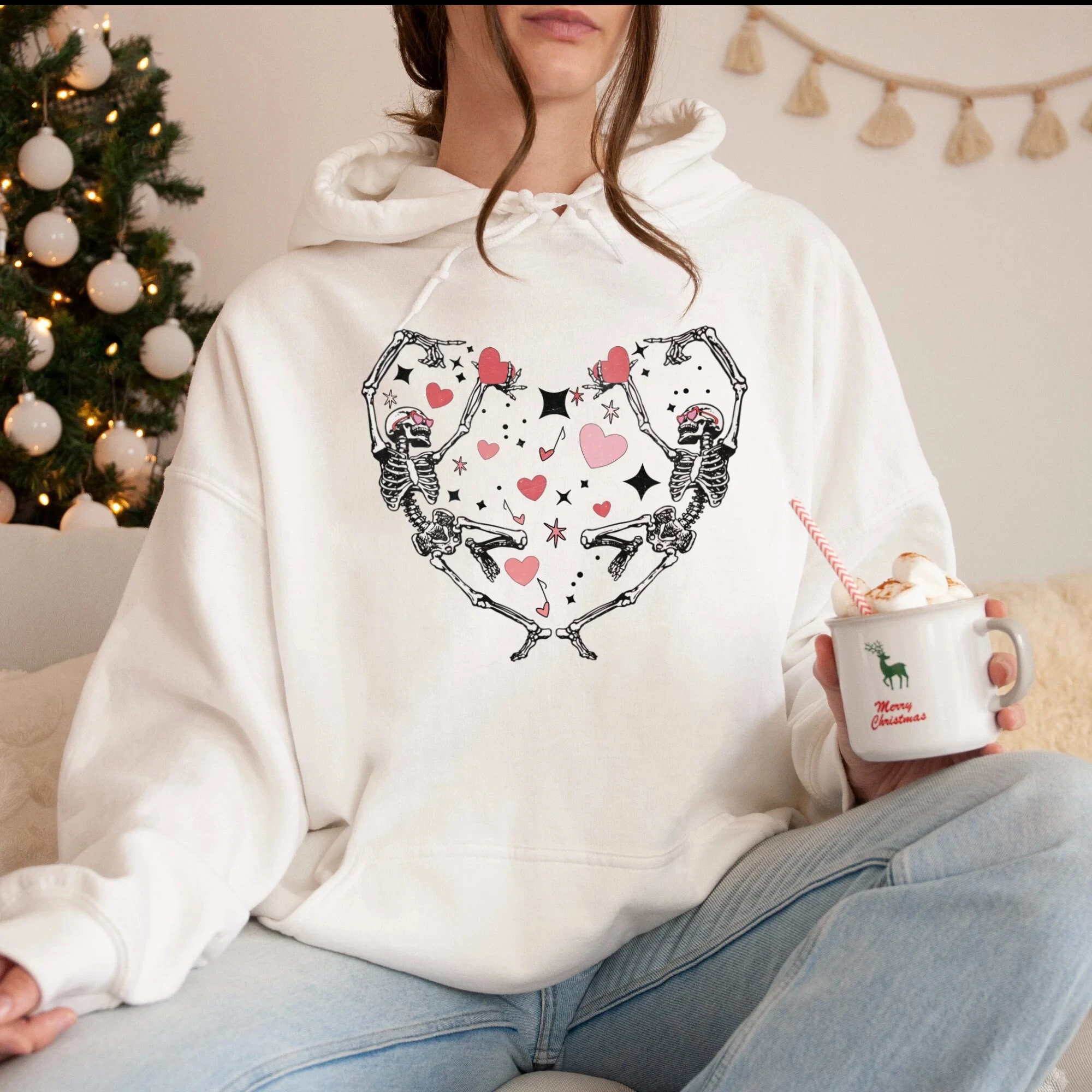

Skeleton Valentine's Day Hoodie Women Long Sleeve Sweatshirt Pullover Tops Unisex Fashion Autumn and Winter Clothing Streetwear