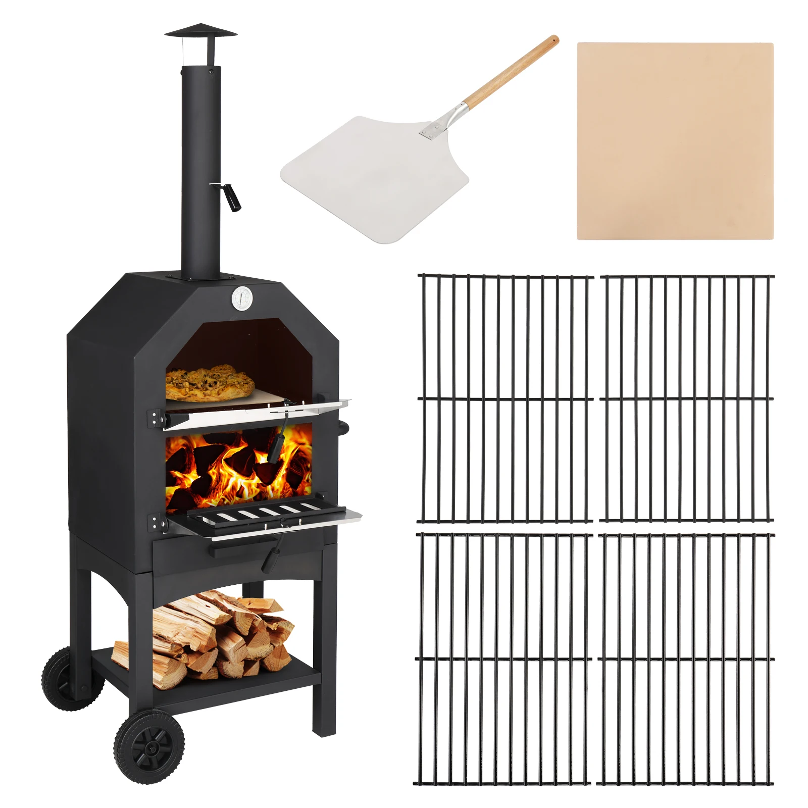 

62 Inch Wood Fried Pizza Oven with Wheels & Handle Labor-Saving 2-Layer Portable for Backyard Camping Site Park Outdoor Baking