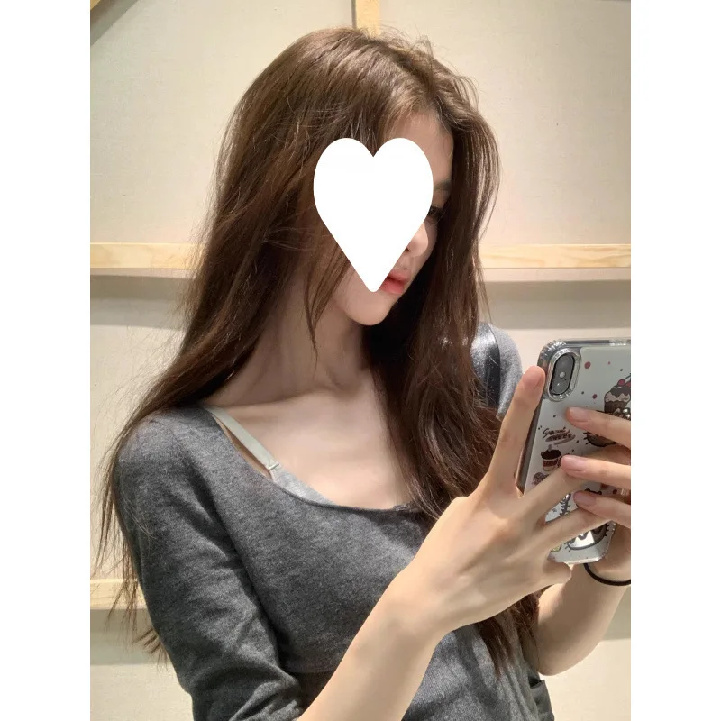 

2026 New Korean Casual Gray Collar Midi Sleeve T Shirt Summer Thin Niche Design Women Top Slim Fitted Stylish Hot Girl Blouse