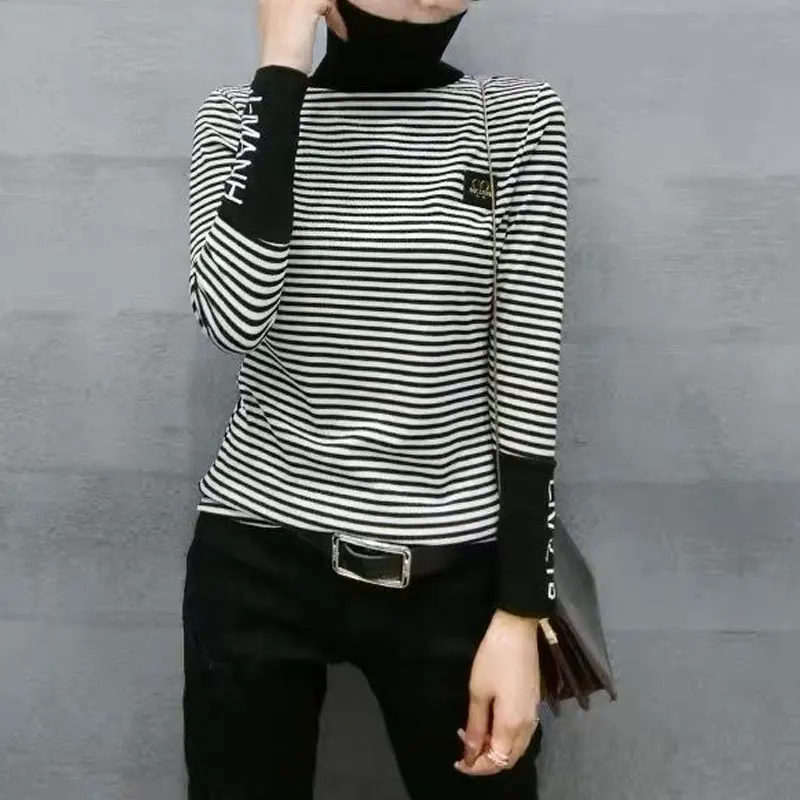 Commute Striped Letter Spliced T-shirt Female Clothing Fashion Patch Designs 2023 Spring Autumn Slim Korean Turtleneck Pullovers