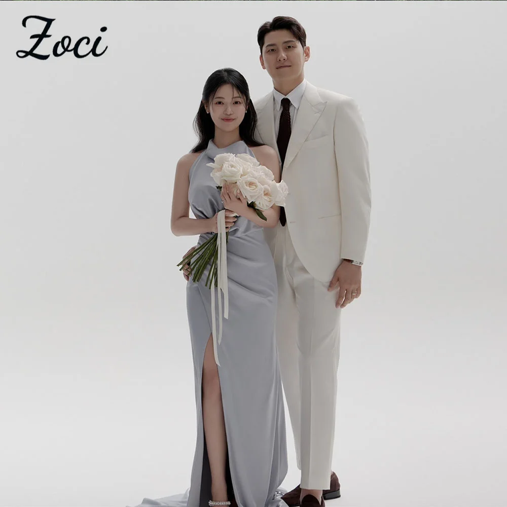 

Zoci Blue Side High Slit Evening Dresses High Collar Sleeveless Korea Wedding Reception Dresses Customized Photo Shoot Dress