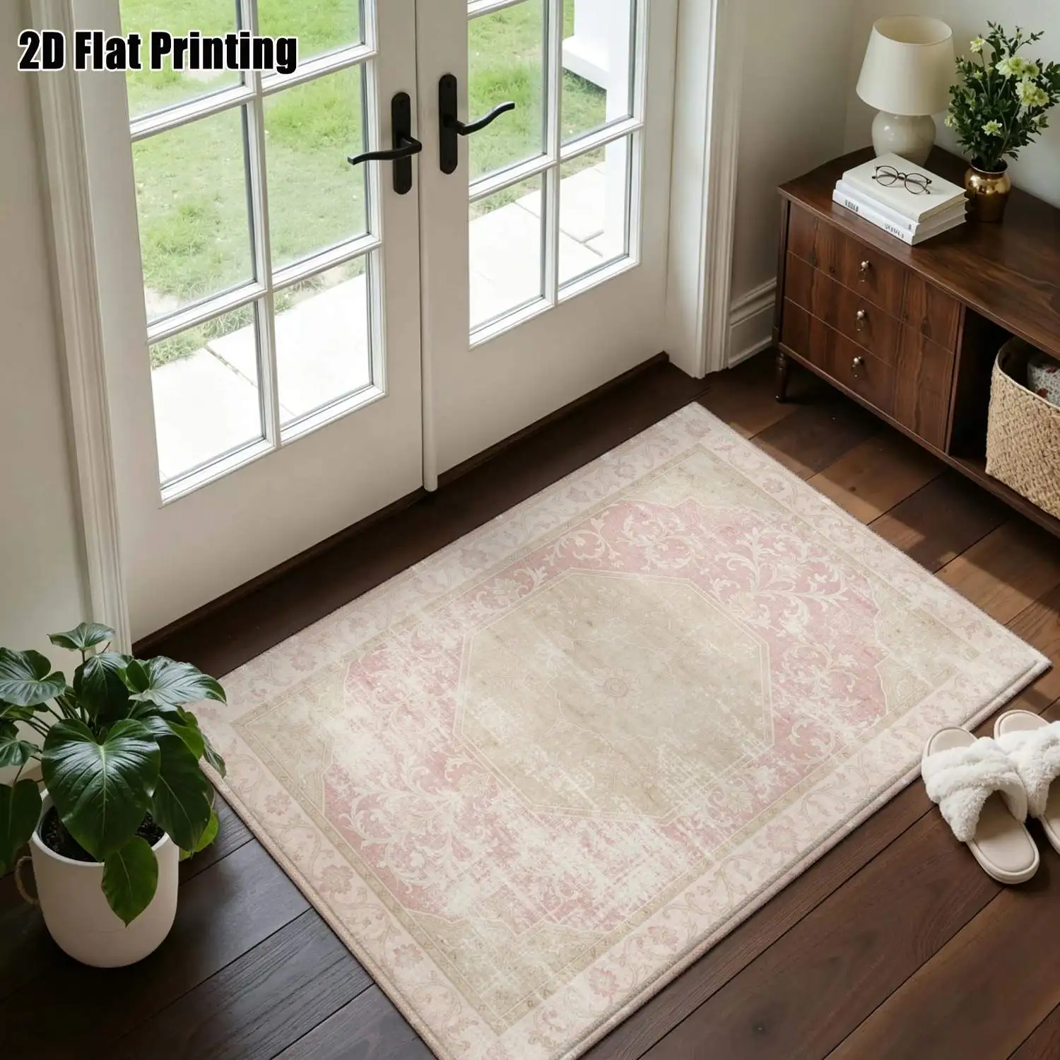 1Pc 2D Printed Pink Retro Floral Pattern Carpet: European Retro Geometric Style, Home Decor, Multi-Size, Machine Washable, Suitable for Entrance, Dining Room, Foyer, Living Room, Bedroom