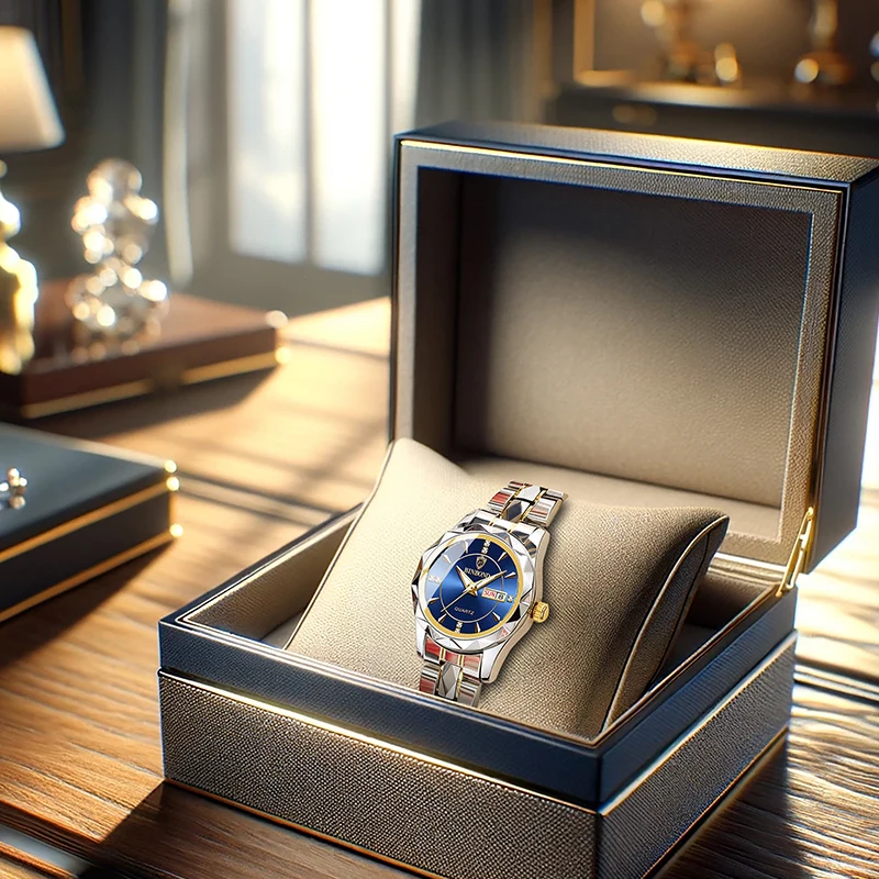 

A women's silver-blue business quartz watch with day display and stainless steel bracelet, designed for urban professionals