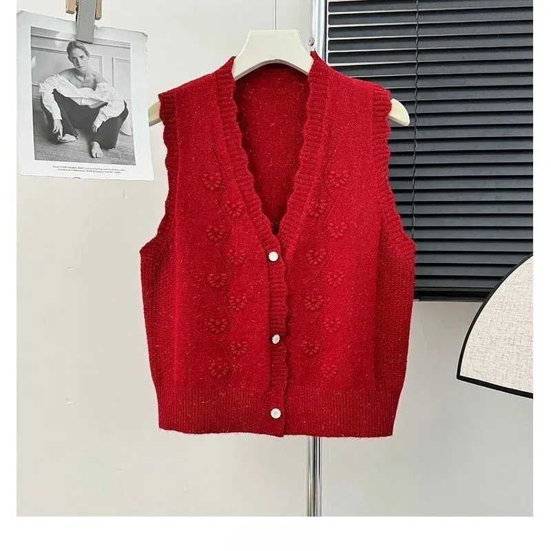 Autumn Winter V-Neck Screw Thread Crochet Geometric Solid Color Button Cardigan Sweater Knitted Women\'s Casual Coats Vest Tops