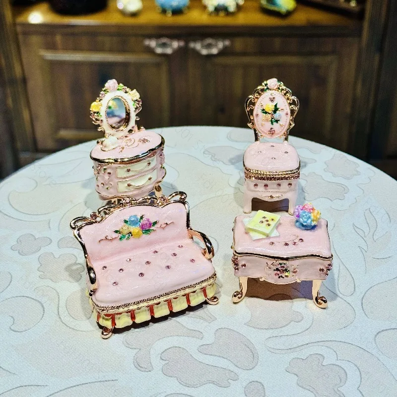 Metal Hand-painted Enamel Jewelry Box Handicrafts Creative Home Retro Four-piece Desktop Ornament Birthday Gift
