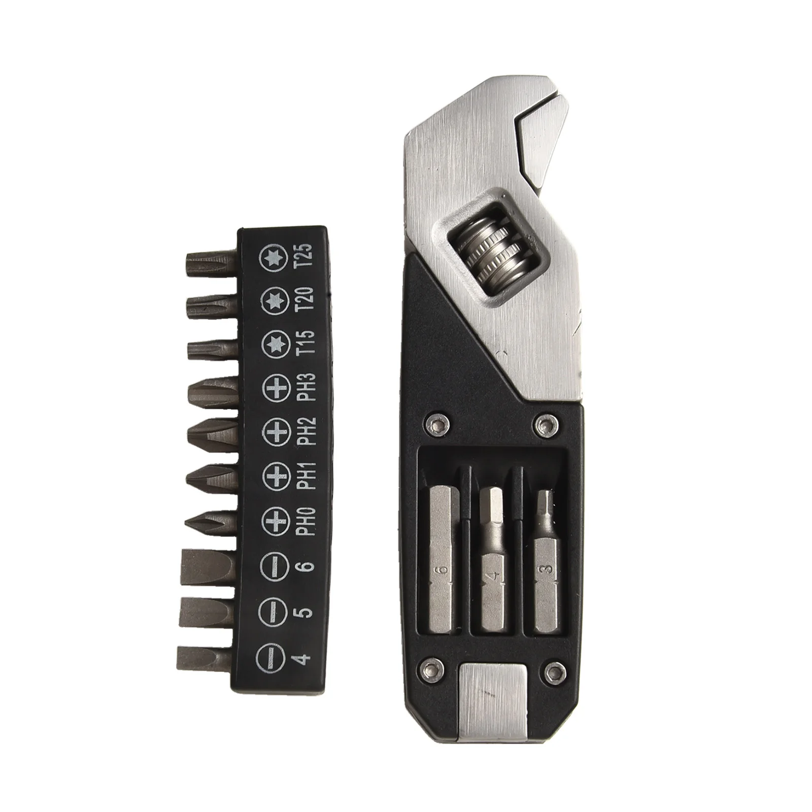 1 ชุดสแตนเลสสตีลประแจปรับพับได้หลายเครื่องมือ Multifunctional Spanner ไขควง Bits เครื่องมือ ﻿