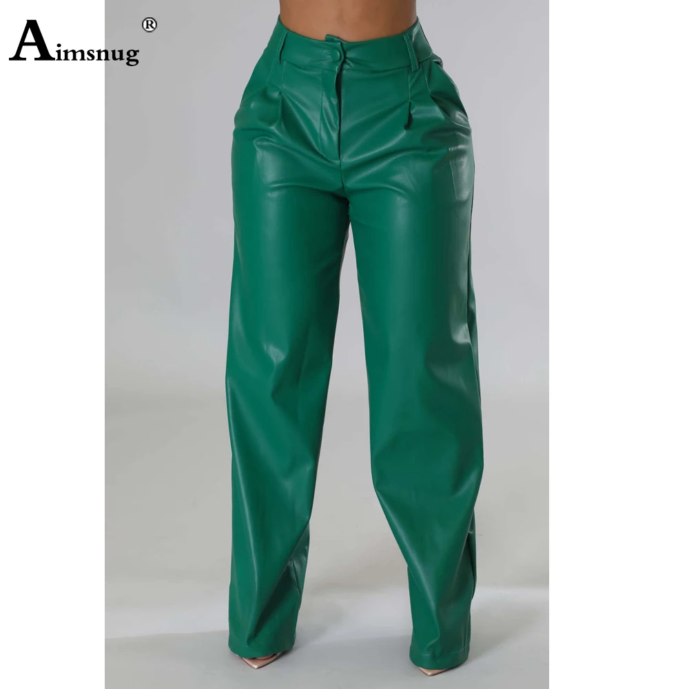 

2025 High Cut PU Leather Pants Women Fashion Zipper Pocket Pants Large Big Female Wide Leg Trouser Green Soft Faux Leather Pant