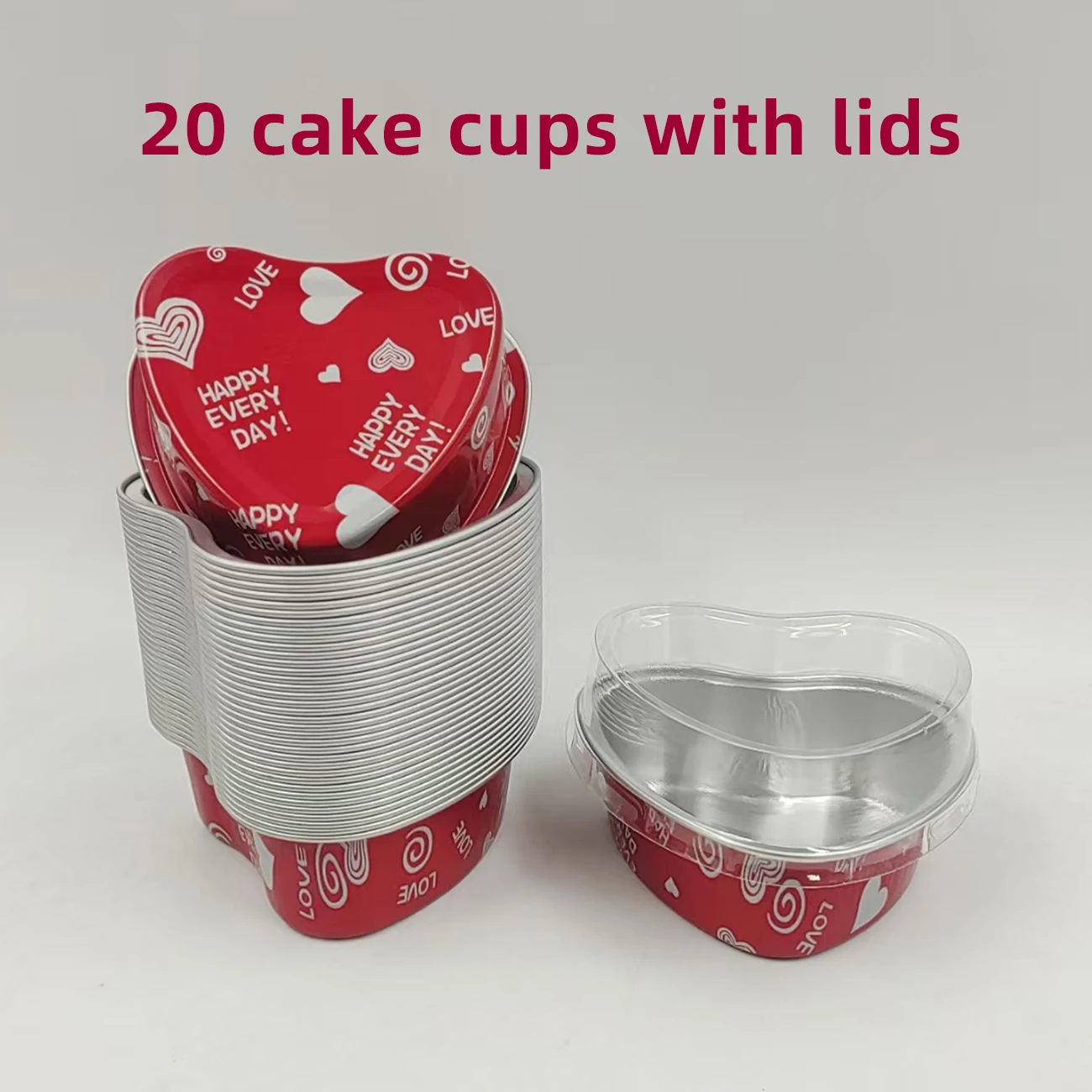 20pcs Heart-Shaped Aluminum Foil Cake Cups with Lids,Heat Resistant Baking Cups, Pudding Cupcake Cup,Perfect for Valentine\'s Day