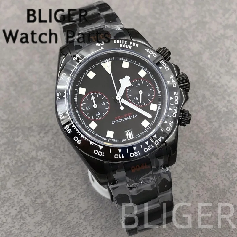 BLIGER 39mm Men's Luxury Black FXD Chronograph Cyclist VK64 Dial Snowflake Hand Quartz Wristwath C3 Luminous Sapphire Mirror