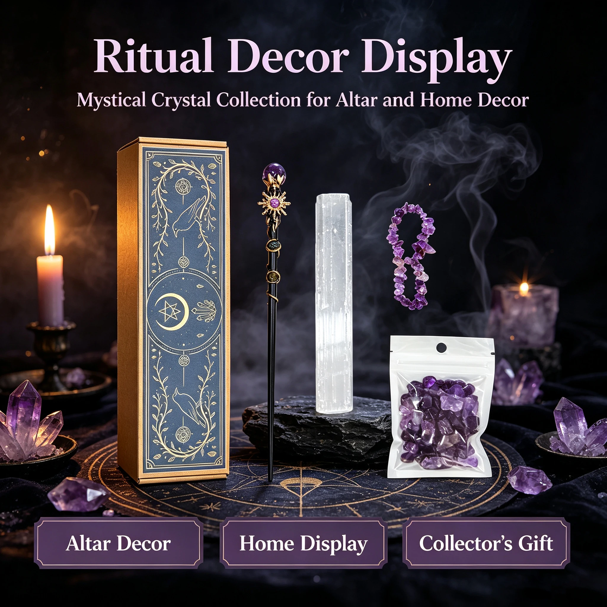 1 ensemble de baguette magique en améthyste pour sorcière, coffret cadeau, cristaux naturels, pierres, baguette de sélénite, bracelet, fournitures de sorcellerie pour Halloween, cadeau