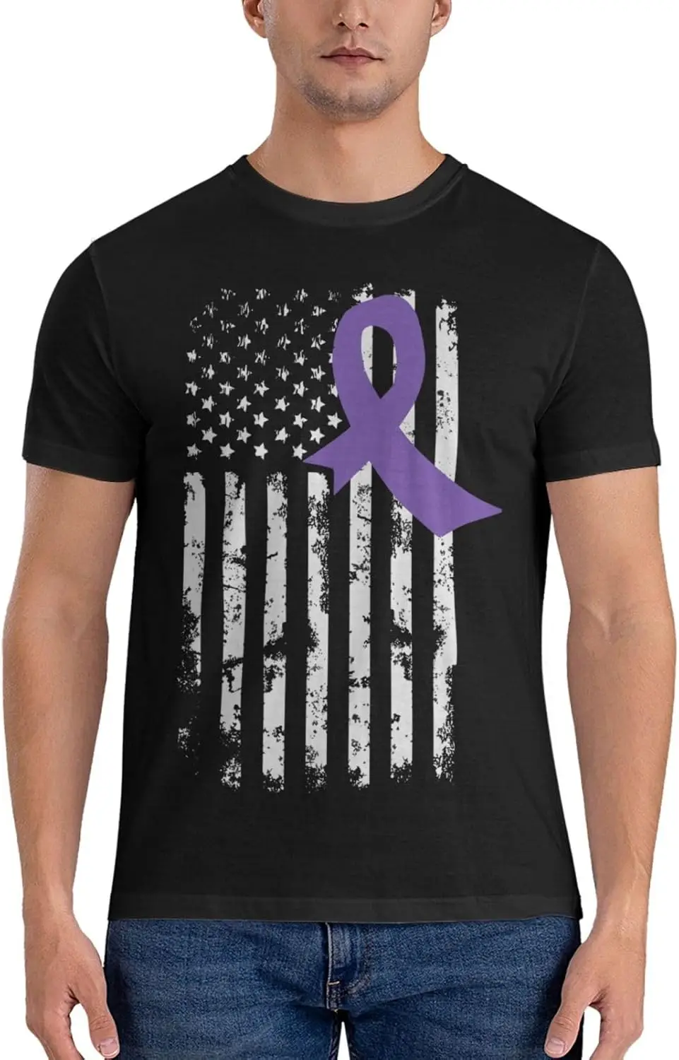 Testicular Cancer Awareness America Flag Purple Ribbon T-Shirt Vintage Short-Sleeve