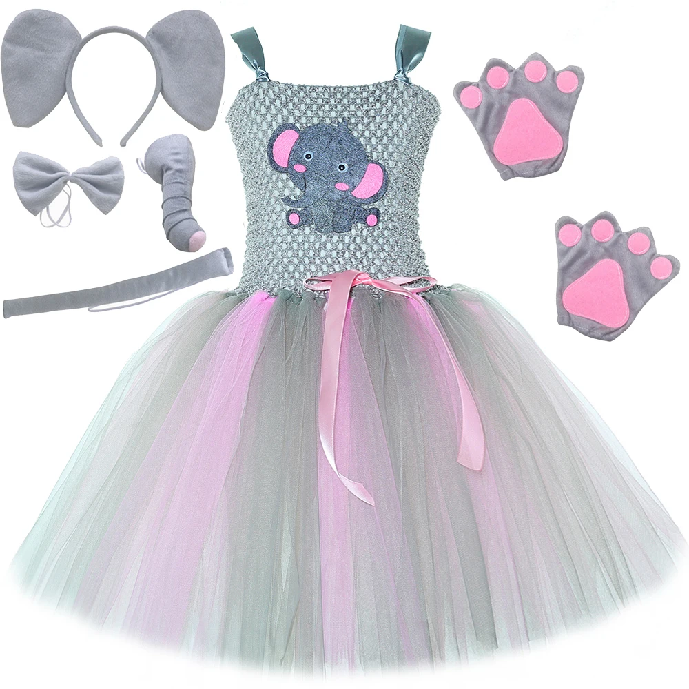 Pink Grey Elephant Costume for Girls Cute Animal Tutu Dress Kids Birthday Halloween Fancy Outfit with Elephant Ears Trunk Tail