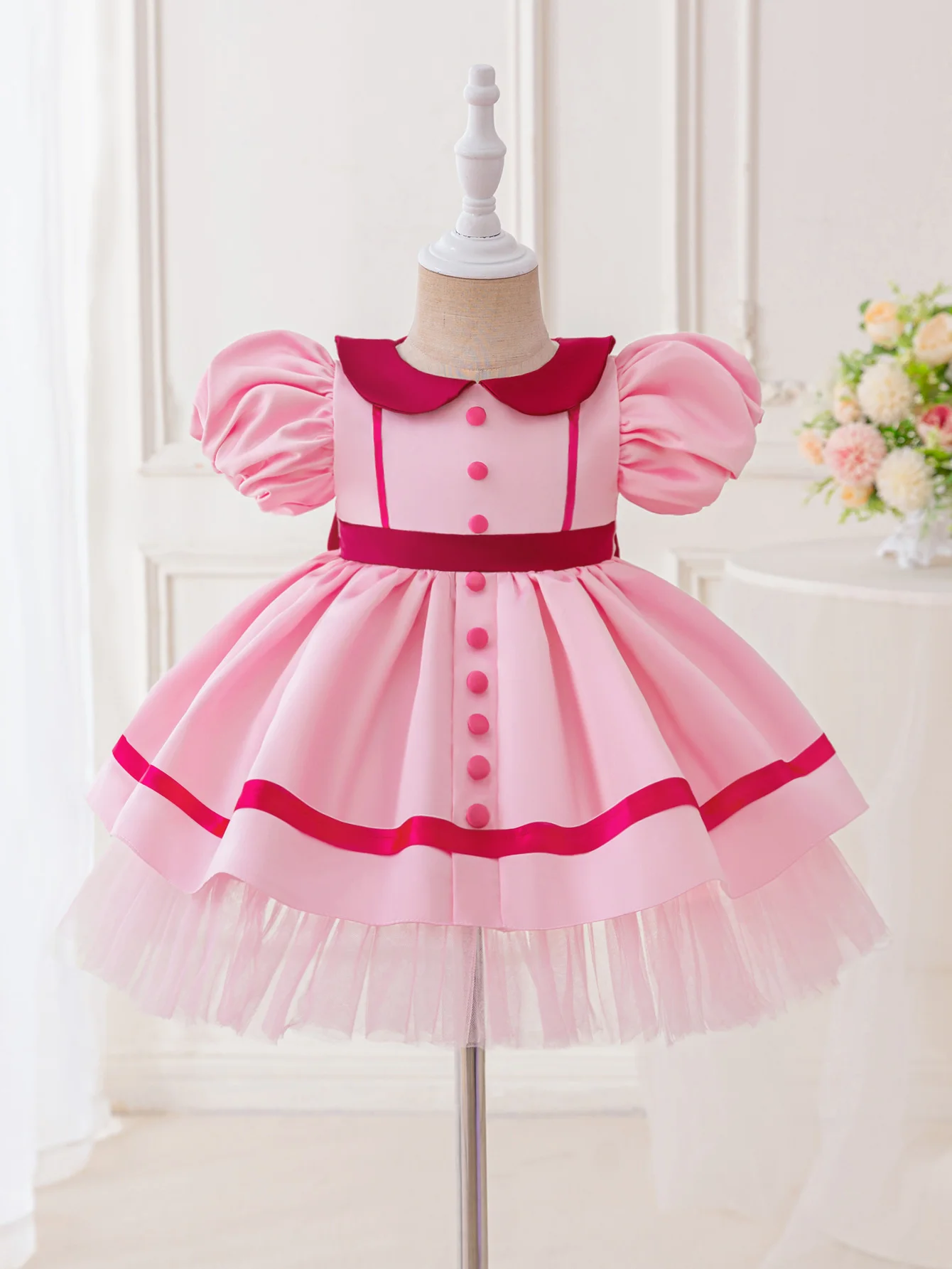 Sweet round neck bow and fluffy dress for baby girls suitable for parties weddings and holidays Cute princess dress