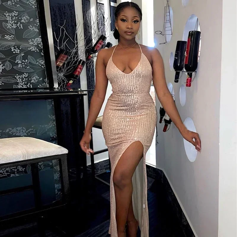 

GUWU женское платье на тонких бретельках с блестками и v-образным вырезом с высоким разрезом по бокам 2024, сексуальное летнее платье с открытой спиной на шнуровке для вечеринки, выпускного вечера