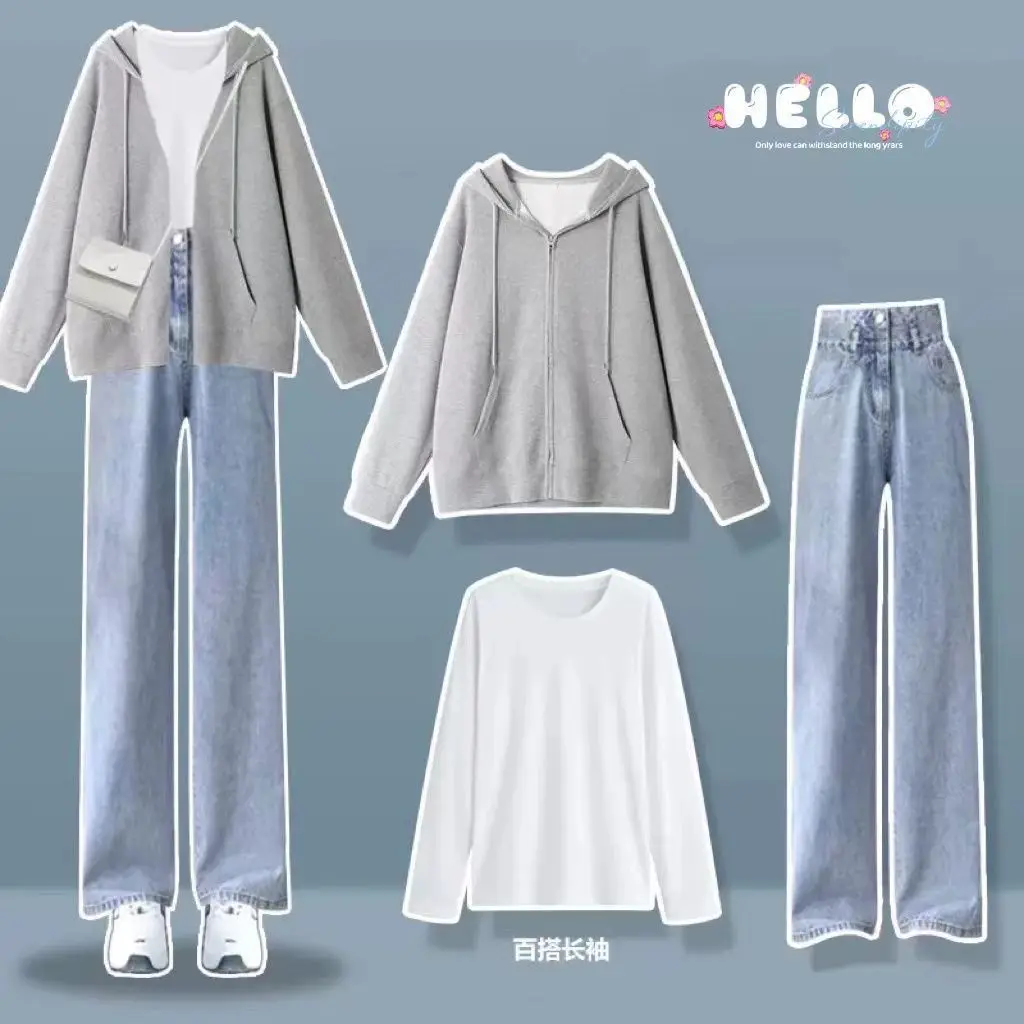 Autumn/Winter Women\'s Set Korean version loose and thick hooded jacket+T-shirt+denim wide leg pants three piece set